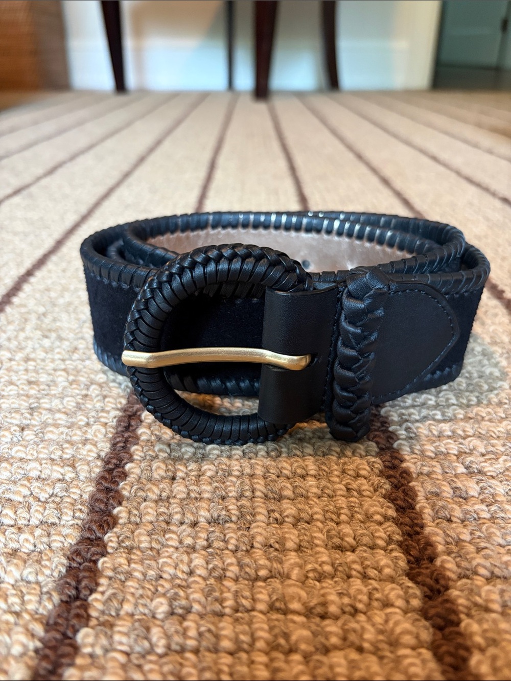 Boden Black Braided Leather Belt with Brass Buckle
